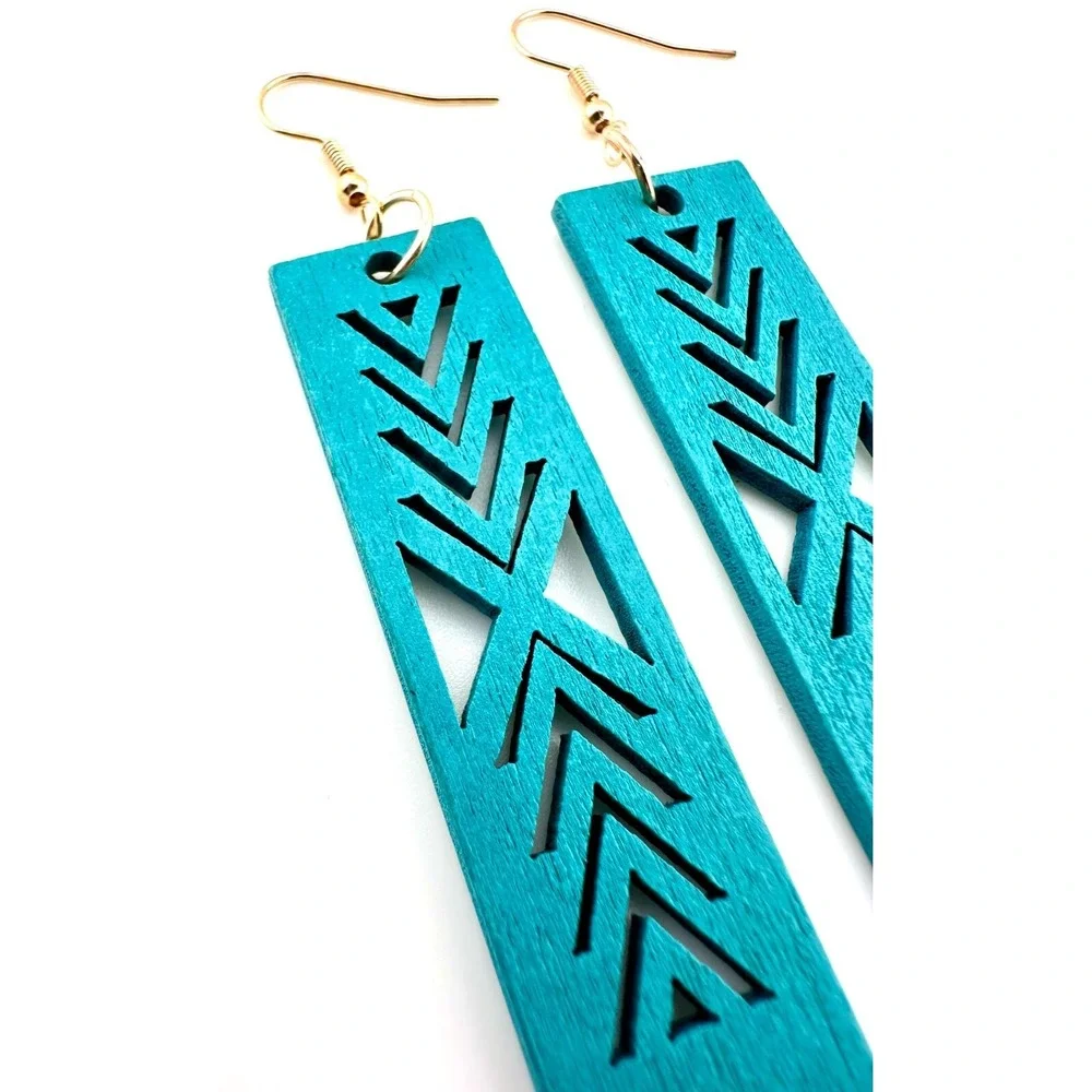Teal Blue Arrow Laser Cut Wood Bar Earrings